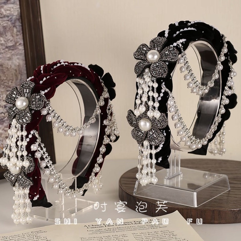 Good Floral & Wedding Decor Supply Photos - ที่คาดผมกำมะหยี่ลายดอกไม้สไตล์ชาติพันธุ์ ประดับพู่มุกถอดได้ ห่วงผมกว้างแบบวินเทจ สายคาดหน้าผาก สำหรับงานเต้นรำและปาร์ตี้