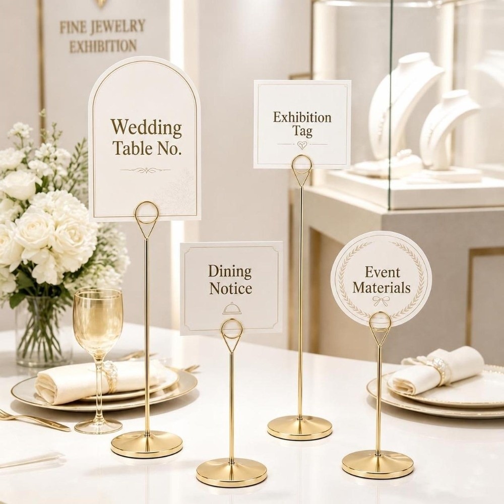 Table Number Gold - ที่วางป้ายเลขโต๊ะโลหะแบบพกพา ฐานขนาดใหญ่ สีทอง ที่หนีบป้ายชื่อ รูปทรงหยดน้ำ ที่หนีบรูปภาพ